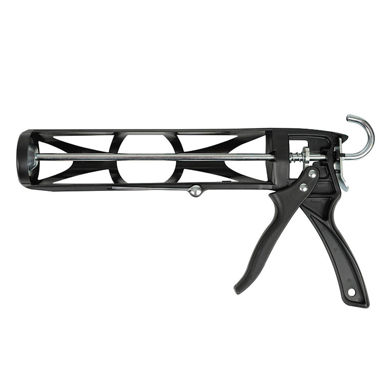 Pistola de silicona RATIO Press-7 en nailon negro con sistema antigoteo, gancho para escalera y varilla de punción.