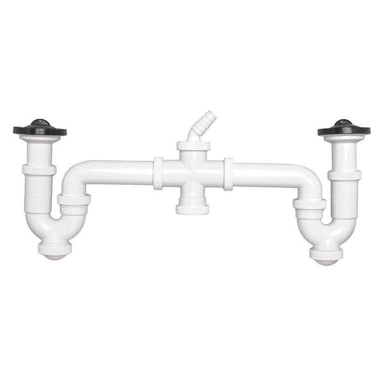 Sifón curvo doble Crearplast C-58 de polipropileno blanco con toma para electrodoméstico y racores orientables
