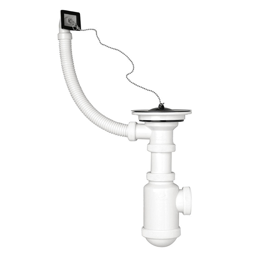 Sifón botella CREARPLAST C-281 blanco con válvula de acero inoxidable, rebosadero flexible y tapón con cadena.