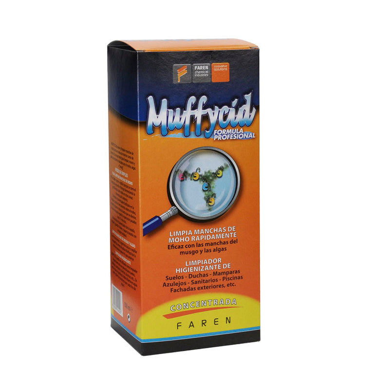 Caja de presentación del limpiador higienizante profesional Faren Muffyxid concentrado para interior y exterior.