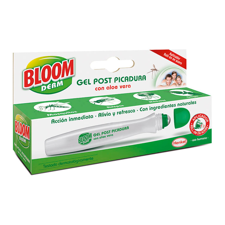 Gel post picadura Bloom Derm con aplicador roll-on de acero y aloe vera para alivio inmediato de insectos.