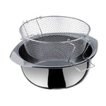 Olla freidora Inoxibar con cestillo de rejilla metálica para escurrir aceite, compatible con todo tipo de fuegos.
