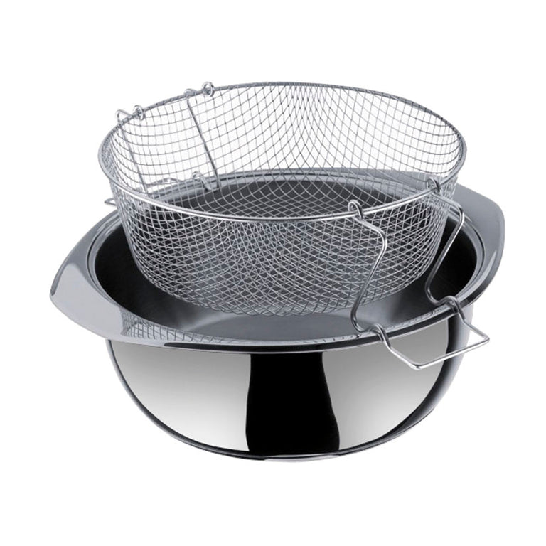Olla freidora Inoxibar con cestillo de rejilla metálica para escurrir aceite, compatible con todo tipo de fuegos.
