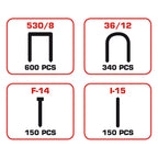 Detalle técnico de grapas 530/8, 36/12 y clavos F-14 e I-15 incluidos en el pack RATIO.