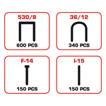 Detalle técnico de grapas 530/8, 36/12 y clavos F-14 e I-15 incluidos en el pack RATIO.