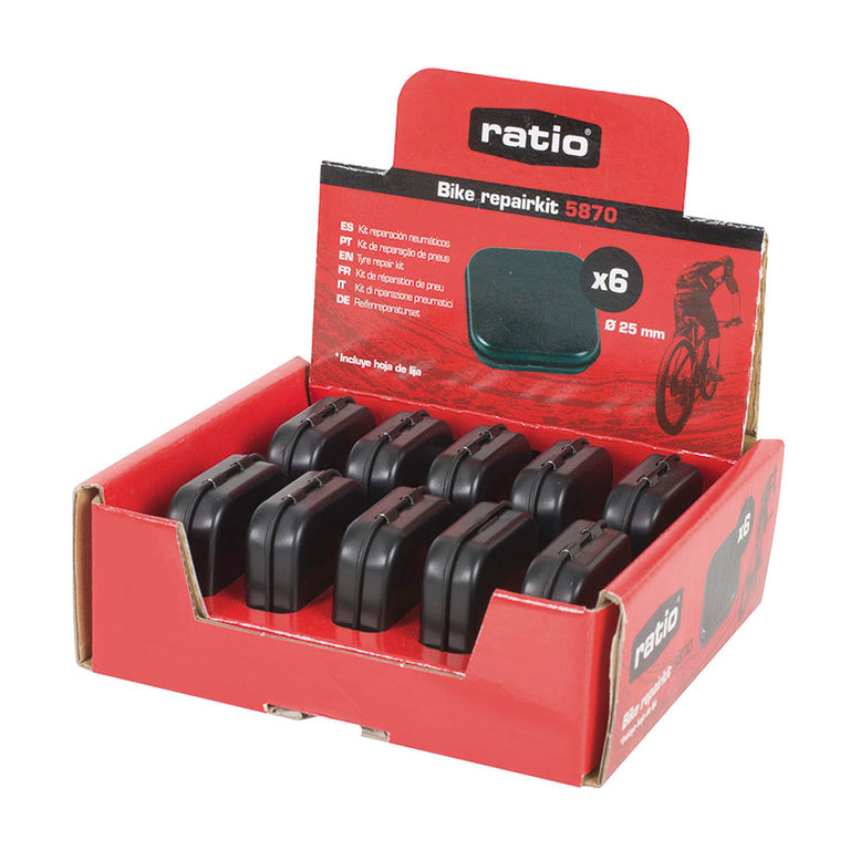 Caja expositora de 10 unidades del kit de reparación de pinchazos para bicicleta RATIO 5870.