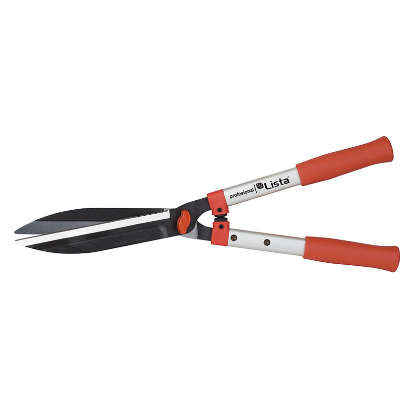 Tijera cortasetos profesional LISTA 6736 de 57 cm con hojas de acero teflonadas y mangos de aluminio rojos.