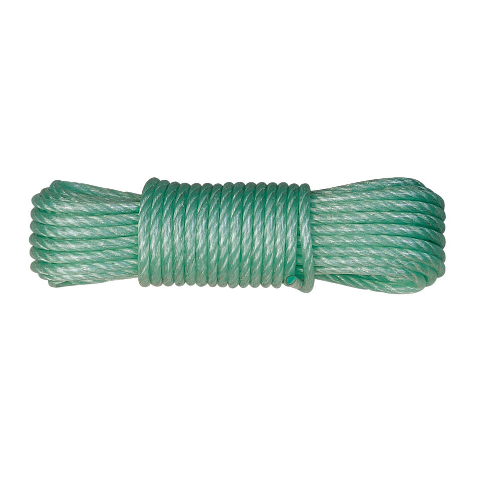Cuerda con recubrimiento plástico verde resistente a rayos UV y humedad.