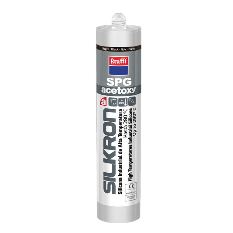 Cartucho de silicona industrial negra Krafft Silkron SPG para juntas de alta temperatura en motores
