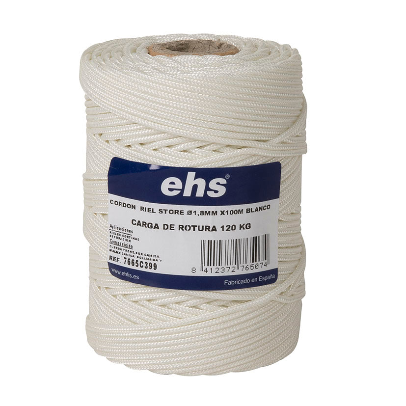 Cordón blanco para rieles de cortina EHS de 1,8mm x 100m, poliamida trenzada con carga de rotura de 120kg