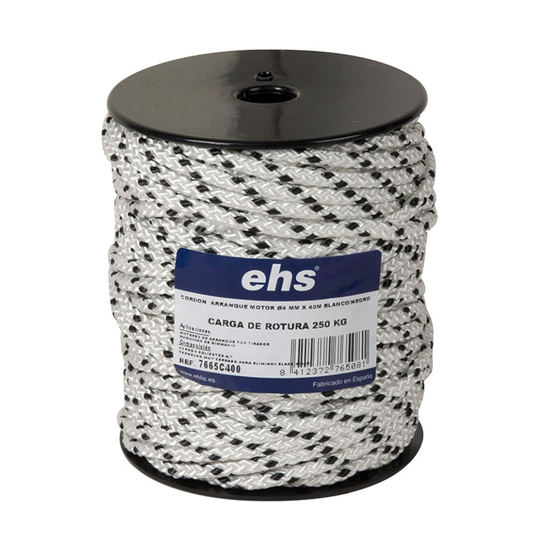 Bobina de cordón para arranque de motores EHS de 4mm x 40m en color blanco y negro con carga de rotura de 250kg