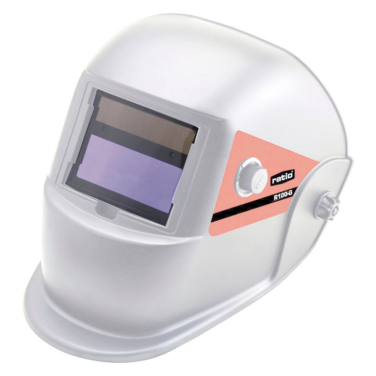 Careta de soldar profesional RATIO R100-G con panel solar superior y sensores de arco independientes.