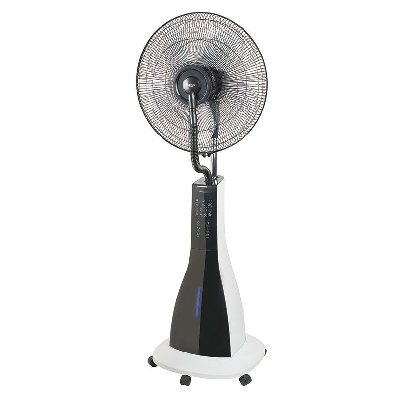 Ventilador nebulizador Habitex VNH90 de pie color blanco y negro con base de ruedas y panel LED