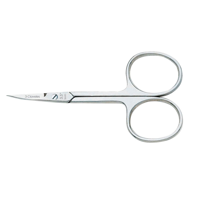 Tijera de manicura curva 3 Claveles de 3,5 pulgadas fabricada en acero niquelado con grabado de marca y origen.