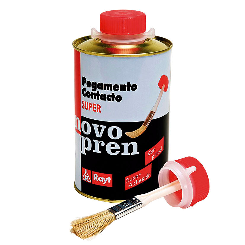 Envase de adhesivo de contacto Rayt Novopren con pincel aplicador integrado para uso preciso