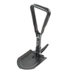 Pala y pico plegable LISTA de acero resistente en posición vertical para trabajos de excavación.
