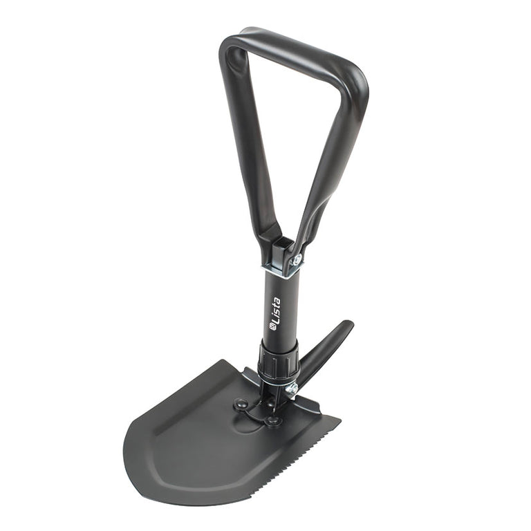 Pala y pico plegable LISTA de acero resistente en posición vertical para trabajos de excavación.