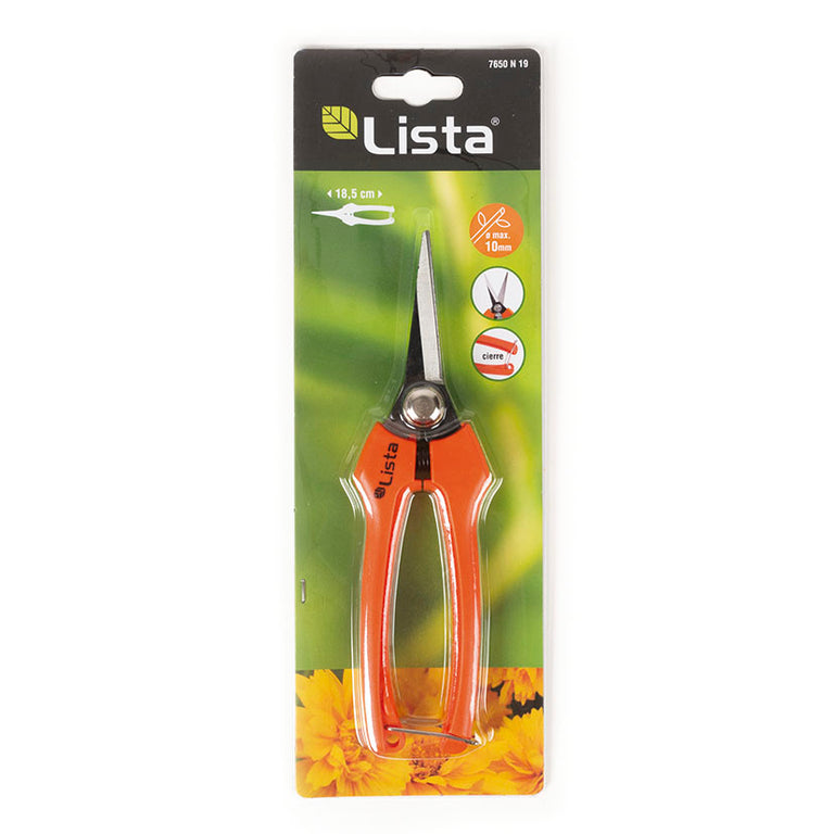 Blíster de tijera de poda LISTA N19 detallando capacidad de corte de 10mm y longitud de 18,5cm