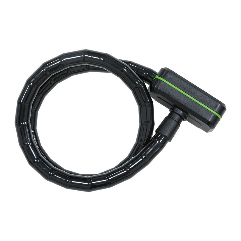 Candado de cable blindado CITADEL Amsterdam negro con detalles verdes, cable de acero flexible y resistente.