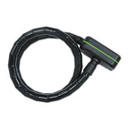 Candado de cable blindado CITADEL Amsterdam negro con detalles verdes, cable de acero flexible y resistente.