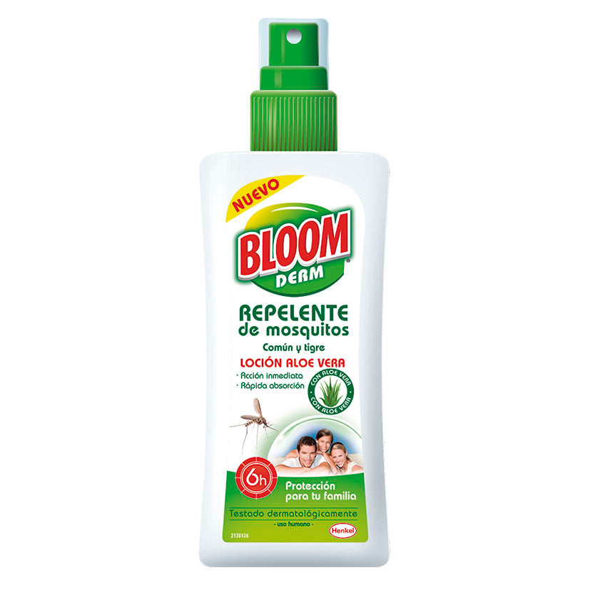 Bote de loción repelente de mosquitos Bloom Derm con Aloe Vera, protección 6 horas contra mosquito común y tigre.