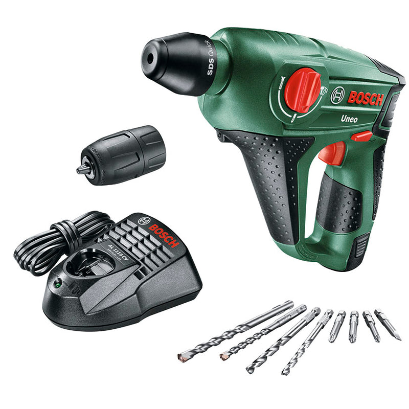 Martillo perforador a batería Bosch Uneo 12V con maletín de transporte, batería, cargador y juego de brocas SDS-Quick