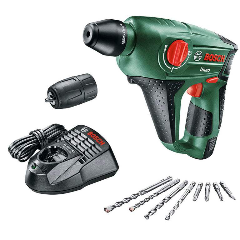 Martillo perforador a batería Bosch Uneo 12V con maletín de transporte, batería, cargador y juego de brocas SDS-Quick
