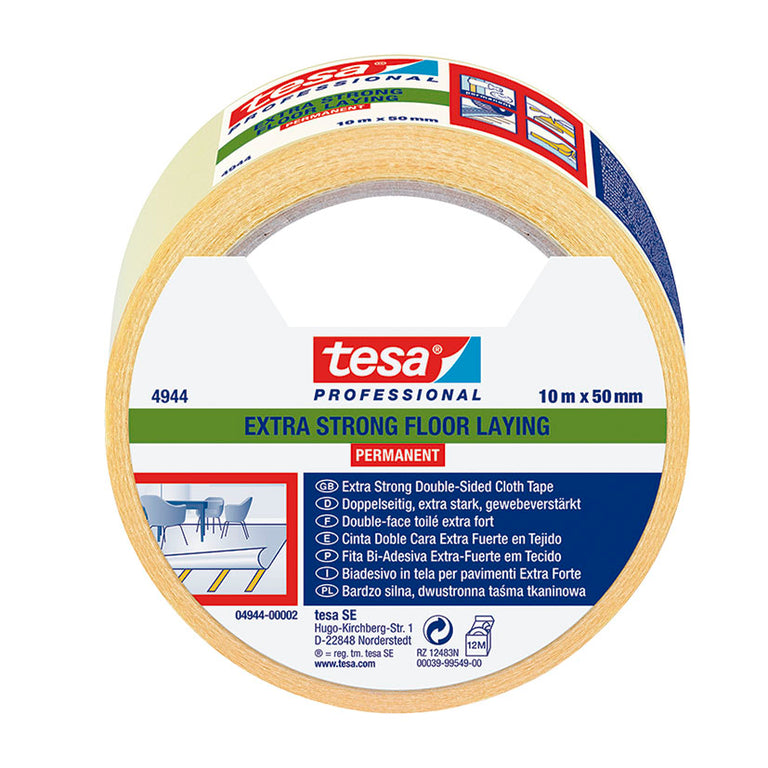 Cinta adhesiva de doble cara TESA Professional 4944 extra fuerte para suelos y moquetas, rollo de 10m x 50mm.