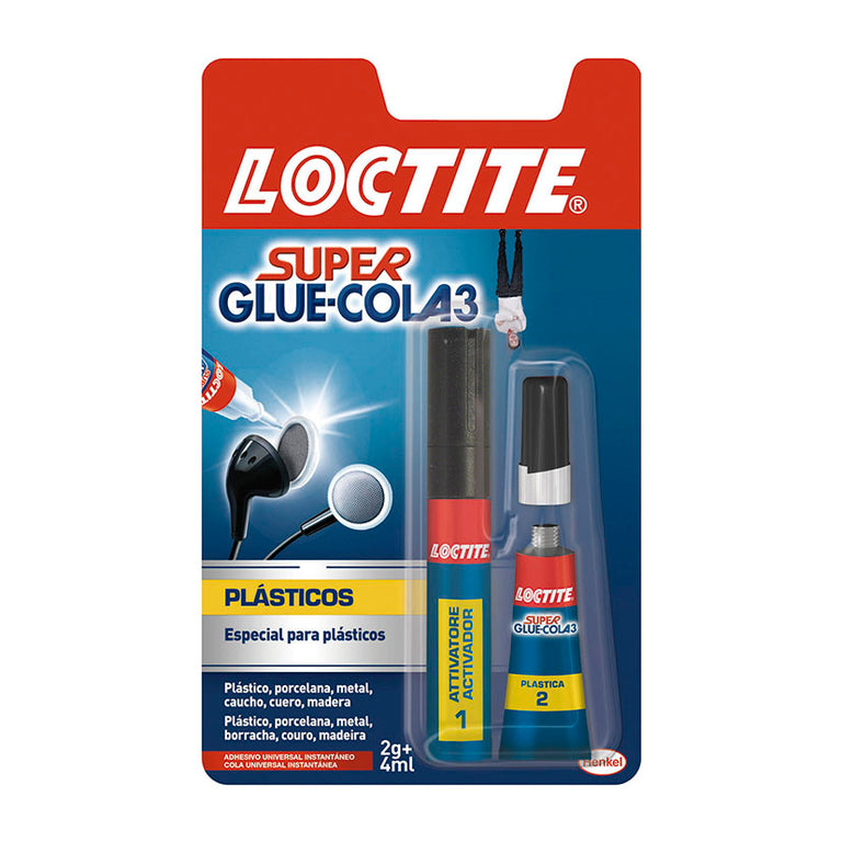 Blíster de Loctite Super Glue-3 Plásticos con tubo de pegamento de 2g y rotulador activador de 4ml para plásticos difíciles.