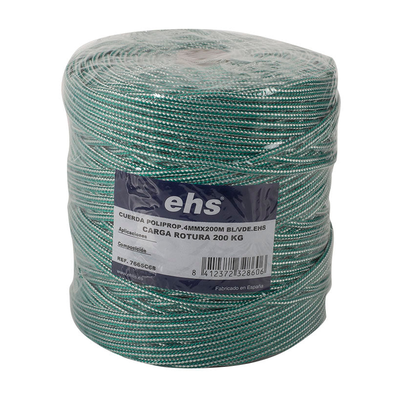 Bobina de cuerda de polipropileno trenzado EHS 4mm verde y blanca con carga de rotura 200kg.