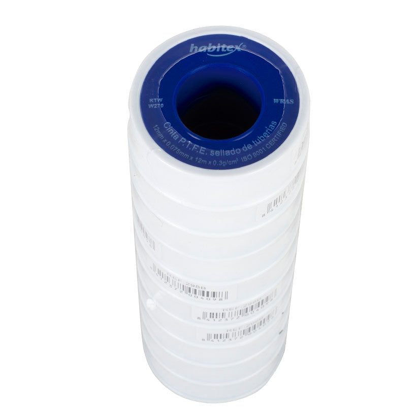 Lote de 10 rollos de cinta PTFE Habitex 12mm x 12m para juntas estancas en instalaciones domésticas.