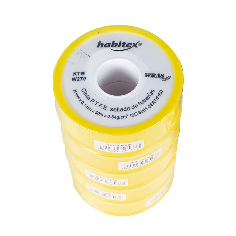 Pack de 5 rollos de cinta PTFE Habitex 25mm x 50m para sellado de tuberías roscadas de gran diámetro.
