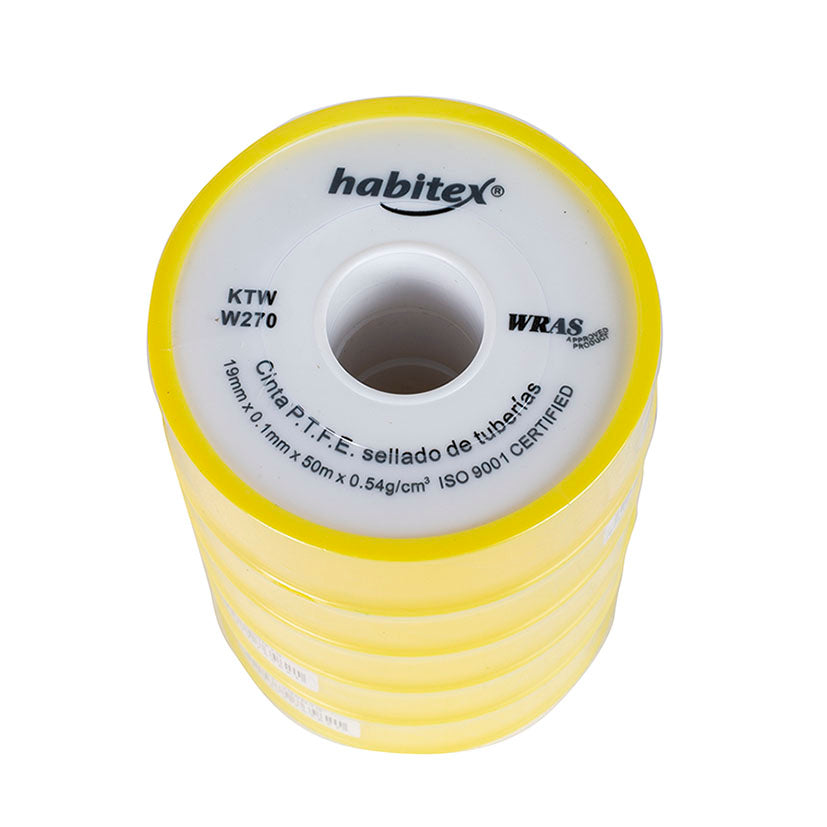 Cinta selladora de teflón Habitex 19mm x 50m en pack de 5 unidades para fontanería profesional.