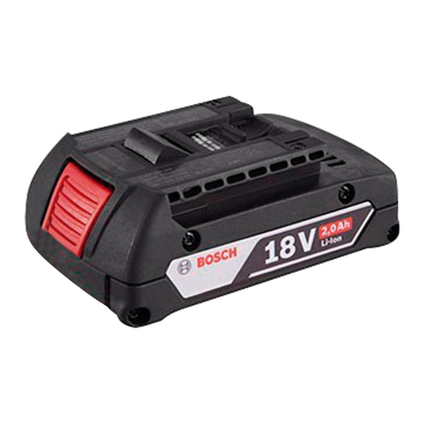 Batería de litio Bosch Professional 18V 2.0Ah compacta con carcasa negra y roja para herramientas eléctricas.
