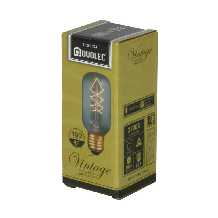 Caja de bombilla DUOLEC Vintage T45 40W 160 lúmenes luz cálida 2300K regulable.