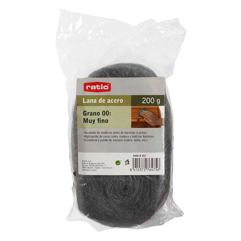 Lana de acero RATIO 200g grano muy fino para matizar barnices y aplicar ceras.