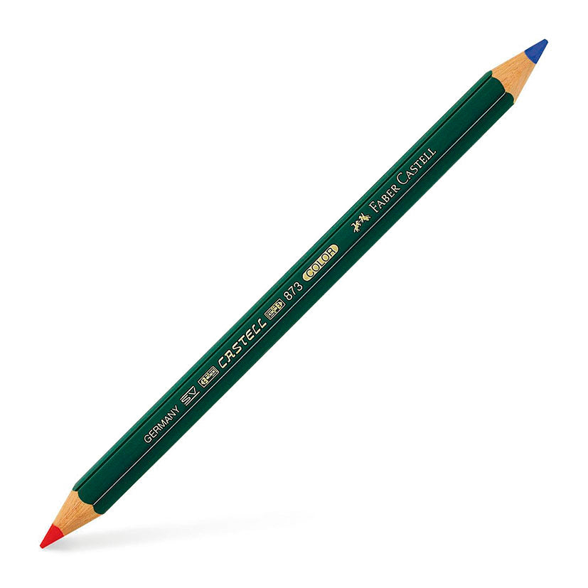 Lápiz bicolor Faber-Castell rojo y azul de cuerpo hexagonal verde para marcado profesional en obra y construcción