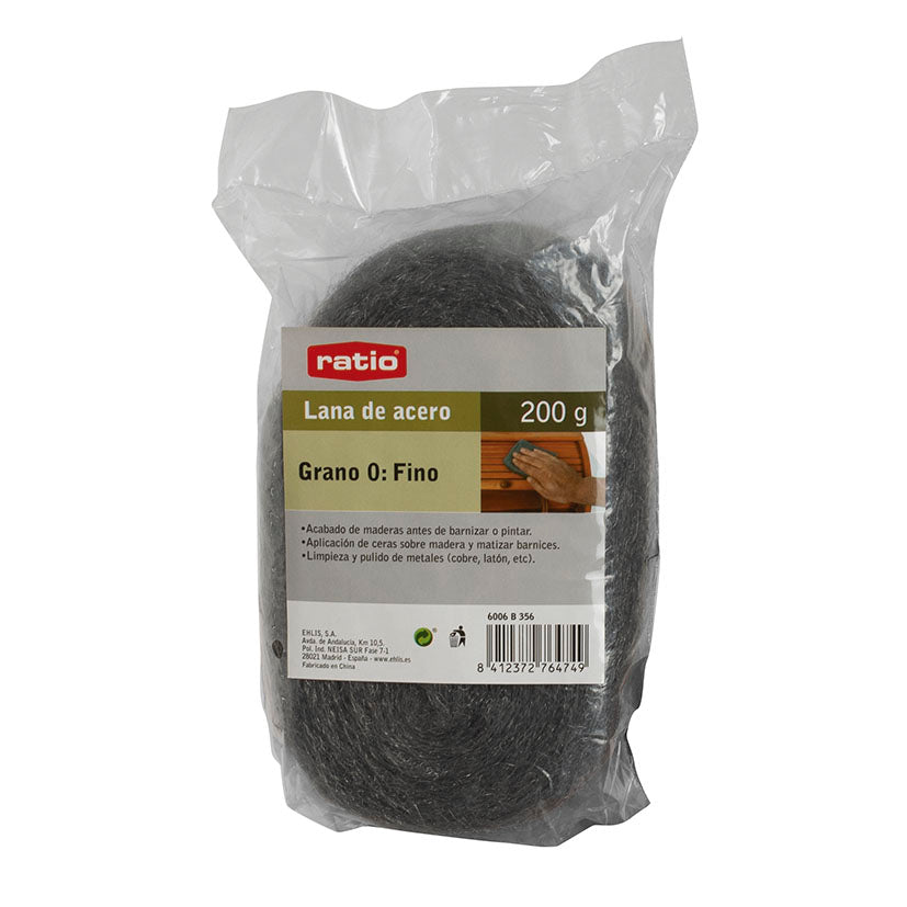 Paquete de lana de acero RATIO 200g grano fino para acabado de maderas y metales.