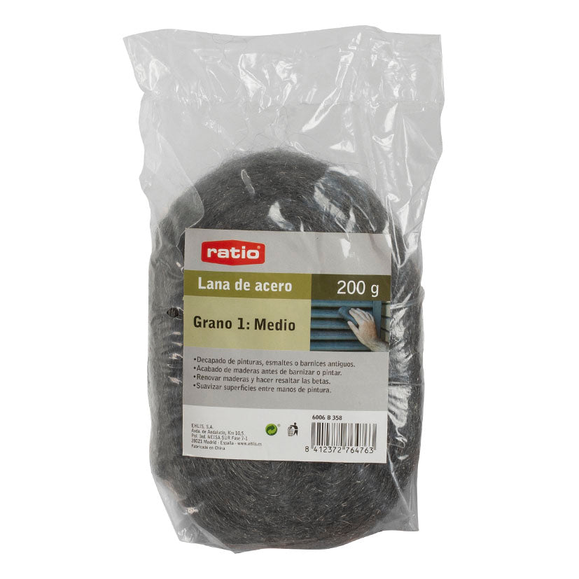 Lana de acero RATIO 200g grano medio para decapado de pinturas y esmaltes antiguos.