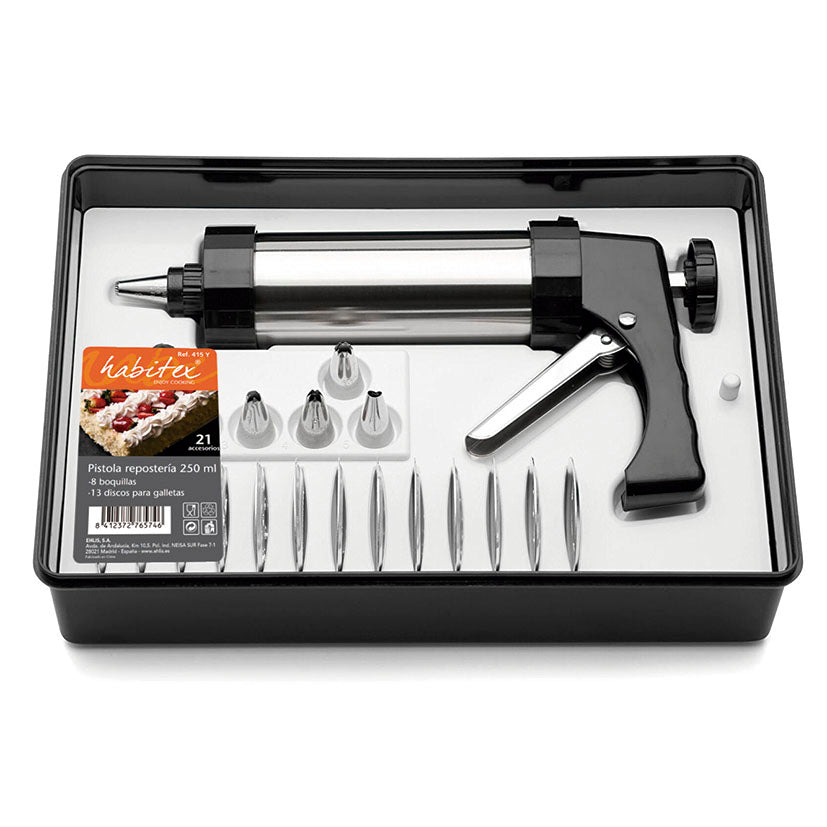 Pistola de repostería metálica HABITEX de 250 ml en estuche con 8 boquillas y 13 discos para galletas