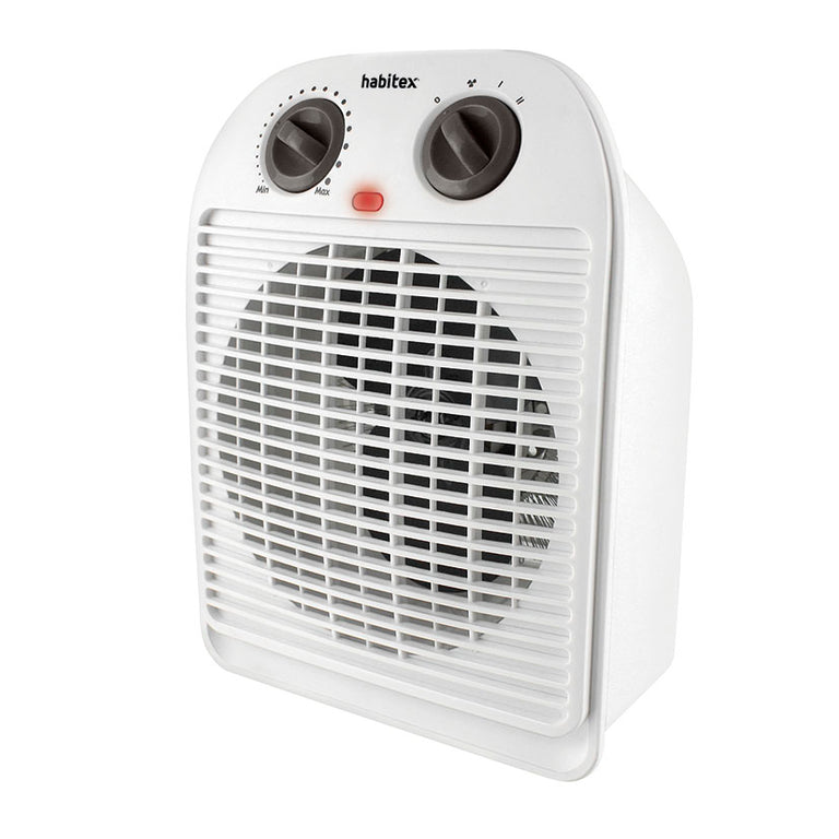 Termoventilador vertical Habitex E363 blanco con mandos giratorios y rejilla frontal de seguridad.