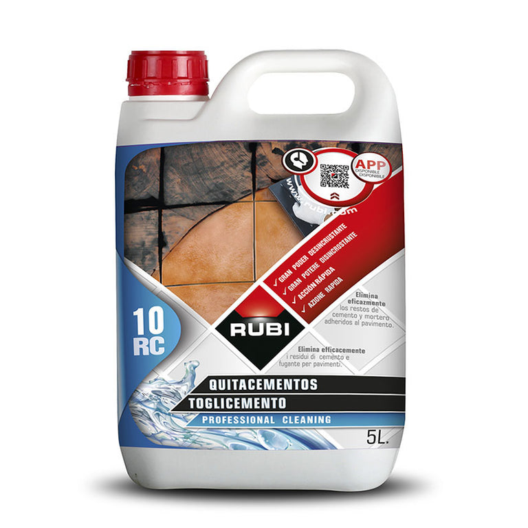 Garrafa de 5L de quitacementos Rubi RC-10 desincrustante ácido para limpieza de fin de obra