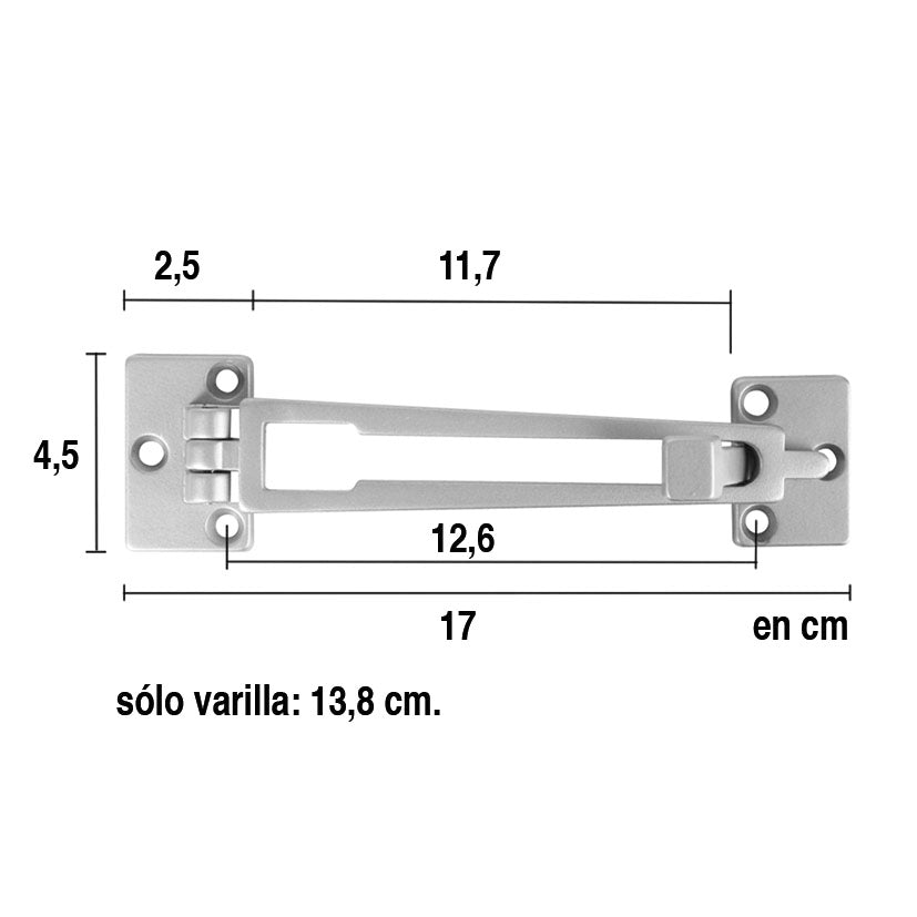Dimensiones técnicas del retenedor de puerta EHL 17x4.5 cm con varilla de 13.8 cm