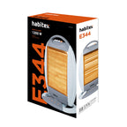 Embalaje original de la estufa halógena HABITEX E344 con especificaciones técnicas de 1200W.