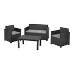 Conjunto de jardín Keter Merano color antracita con sofá de dos plazas, dos sillones y mesa de centro sobre fondo blanco.