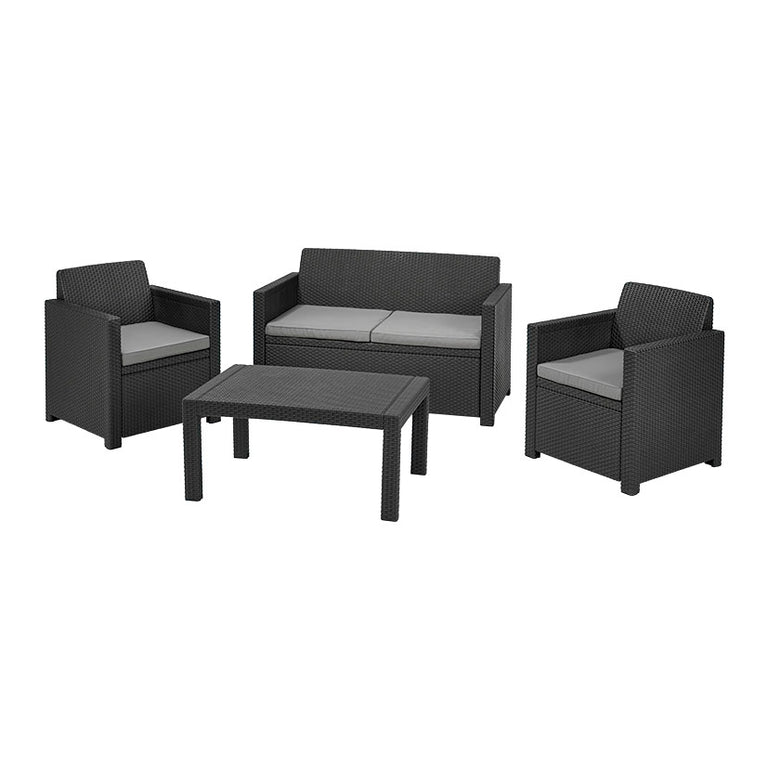 Conjunto de jardín Keter Merano color antracita con sofá de dos plazas, dos sillones y mesa de centro sobre fondo blanco.