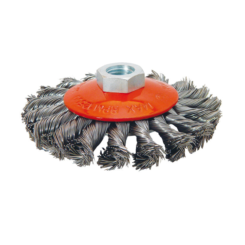 Detalle de las púas de acero trenzado de 0,50 mm del cepillo cónico RATIO de alta resistencia.
