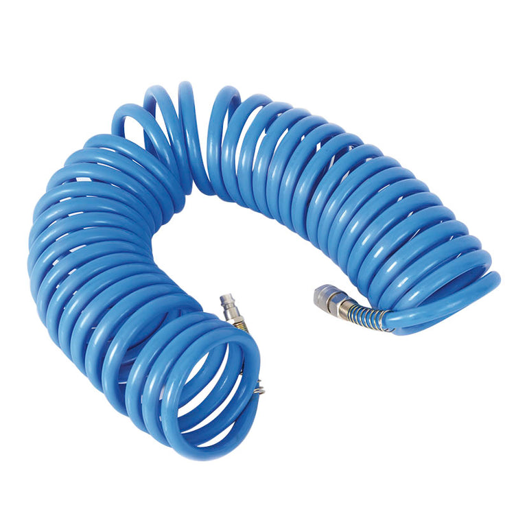 Manguera espiral azul RATIO de poliuretano con enchufe rápido para aire comprimido.