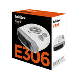 Embalaje original del termoventilador Habitex E306 de 2000W con detalles de diseño y potencia.
