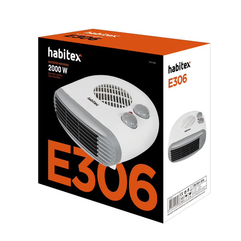 Embalaje original del termoventilador Habitex E306 de 2000W con detalles de diseño y potencia.